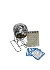 Ein Bingo-Spielset mit einer schwarzen Metall-Bingotrommel, die bunte nummerierte Kugeln enthält, einer weißen Bingotafel mit der Aufschrift "BINGO", sowie mehrere blau-weiße Bingokarten, die davor aufgefächert liegen.