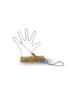 Klingeldraht, der auf einem Stück Holz befestigt ist. Er hat die Form einer Hand.